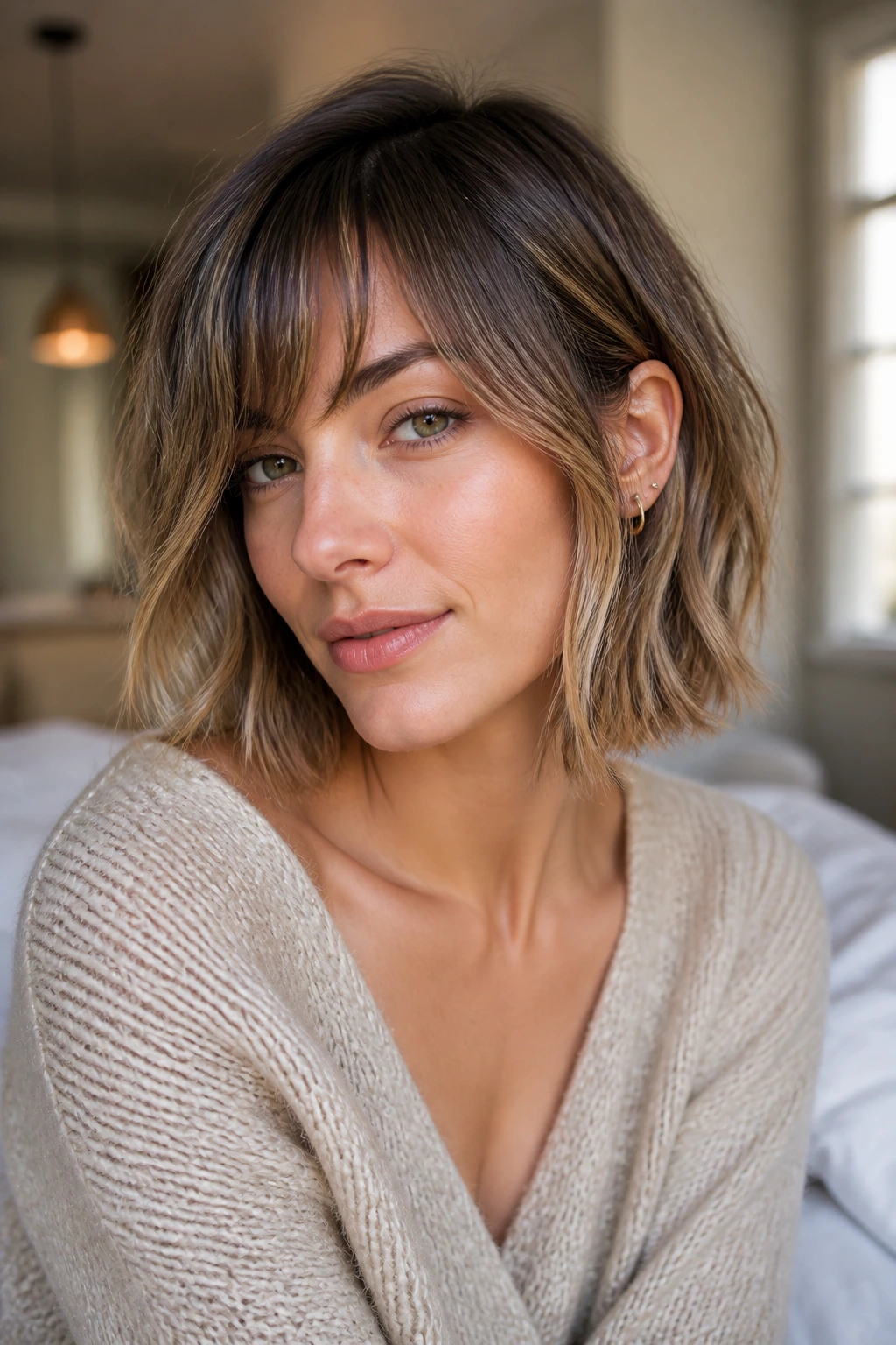 Close-up of a real woman with a collarbone-length choppy balayage bob with soft layers and fringe