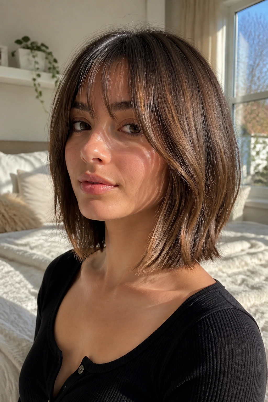 Portrait of a real person with a collarbone-length bob and bottleneck bangs.