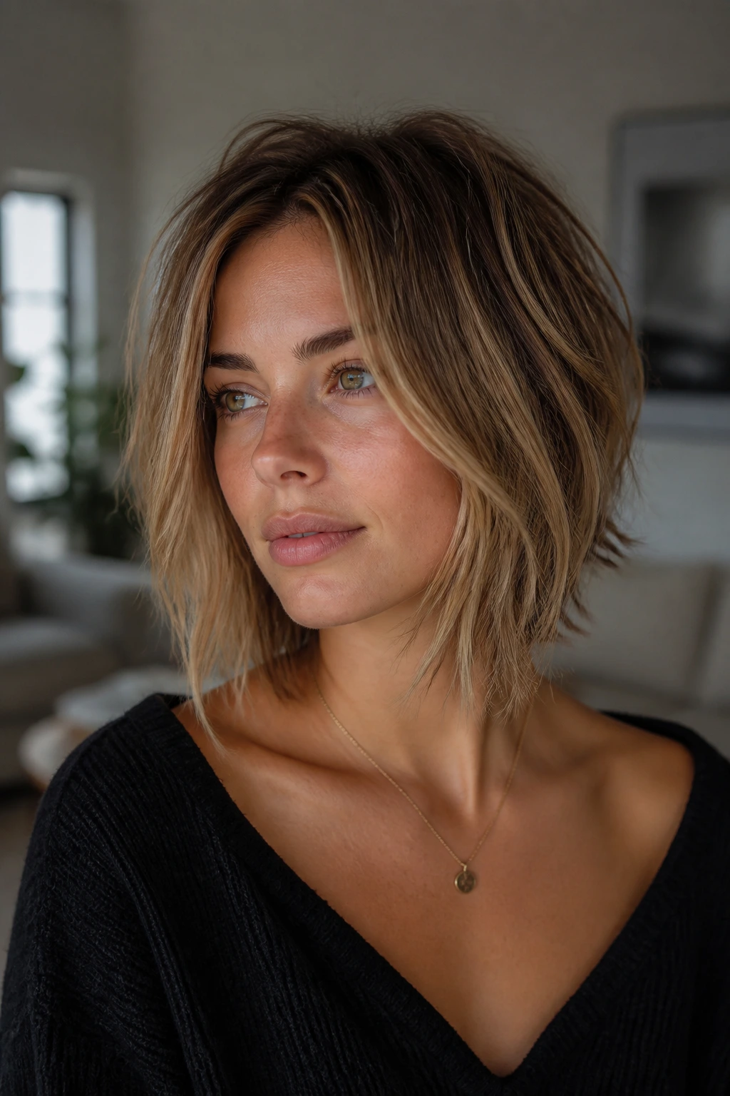 Collarbone-length shag bob with broken layers on a real person