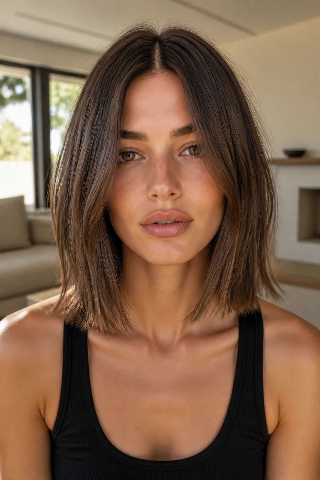 Portrait of a woman with center-part collarbone-length bob