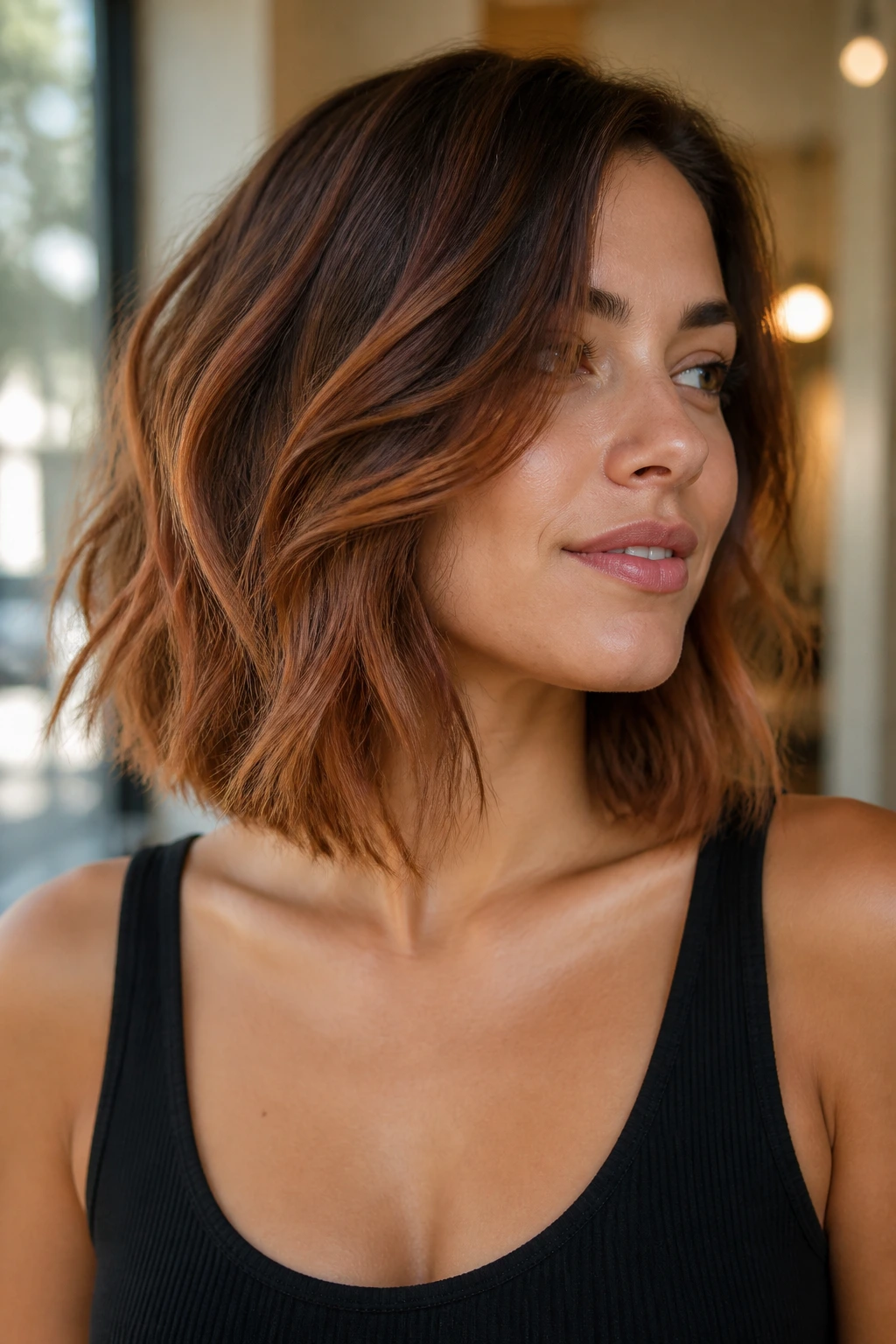 Close-up portrait of a real person with collarbone-length bob and copper balayage