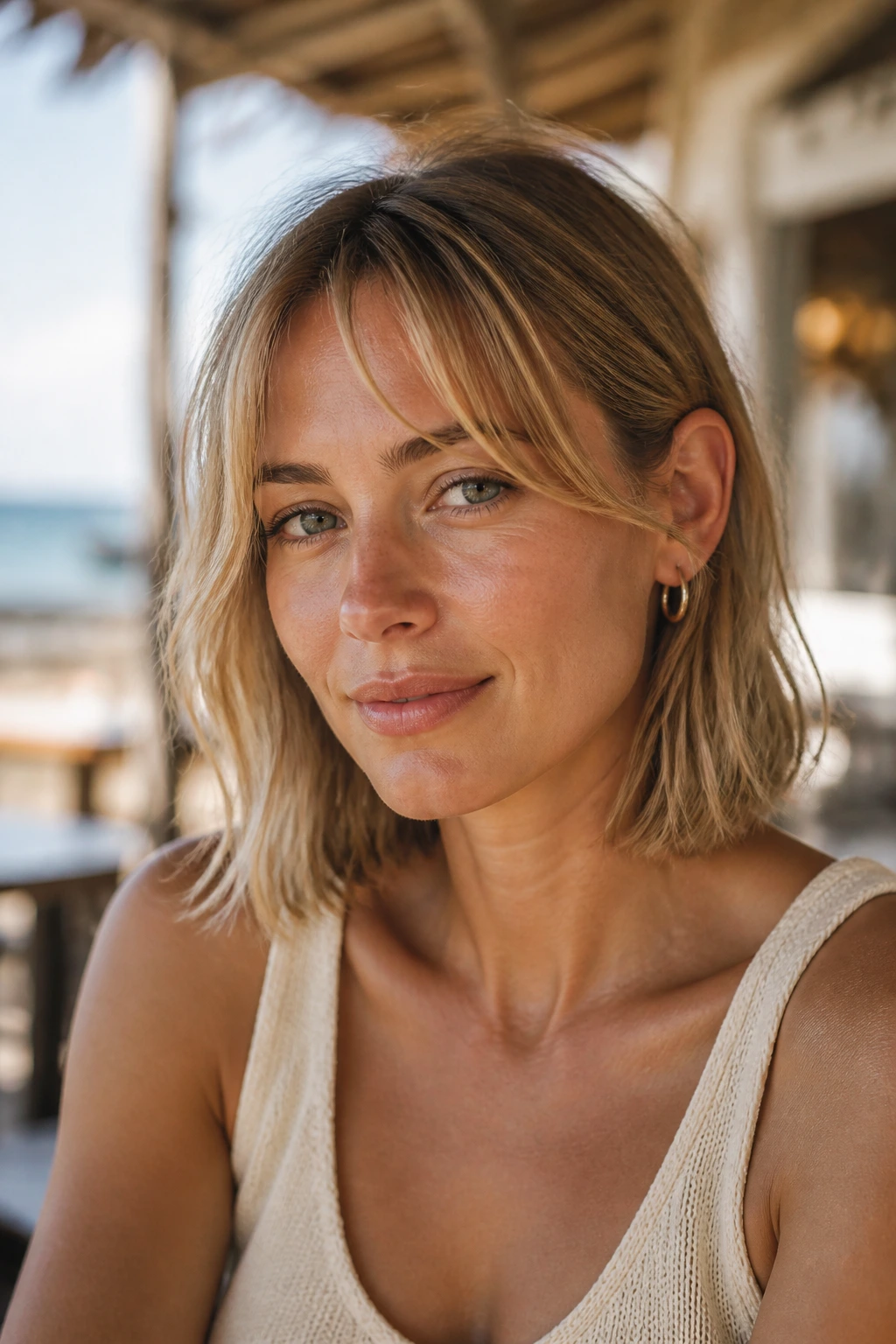 Close-up of a real woman with collarbone bob and light curtain bangs in beachside cafe light.