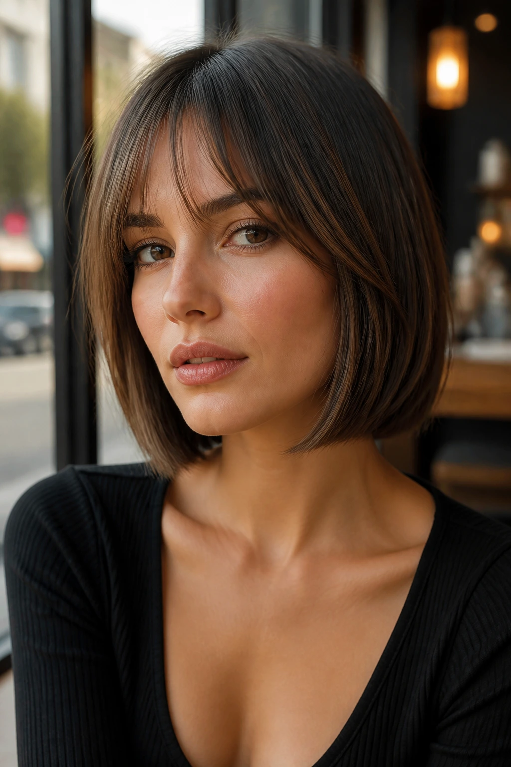 Portrait of a woman with blunt collarbone bob and curtain bangs