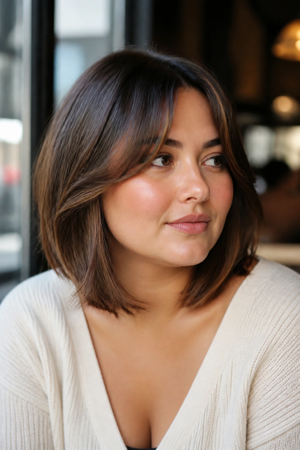 Portrait of a woman with a collarbone bob and curtain bangs.