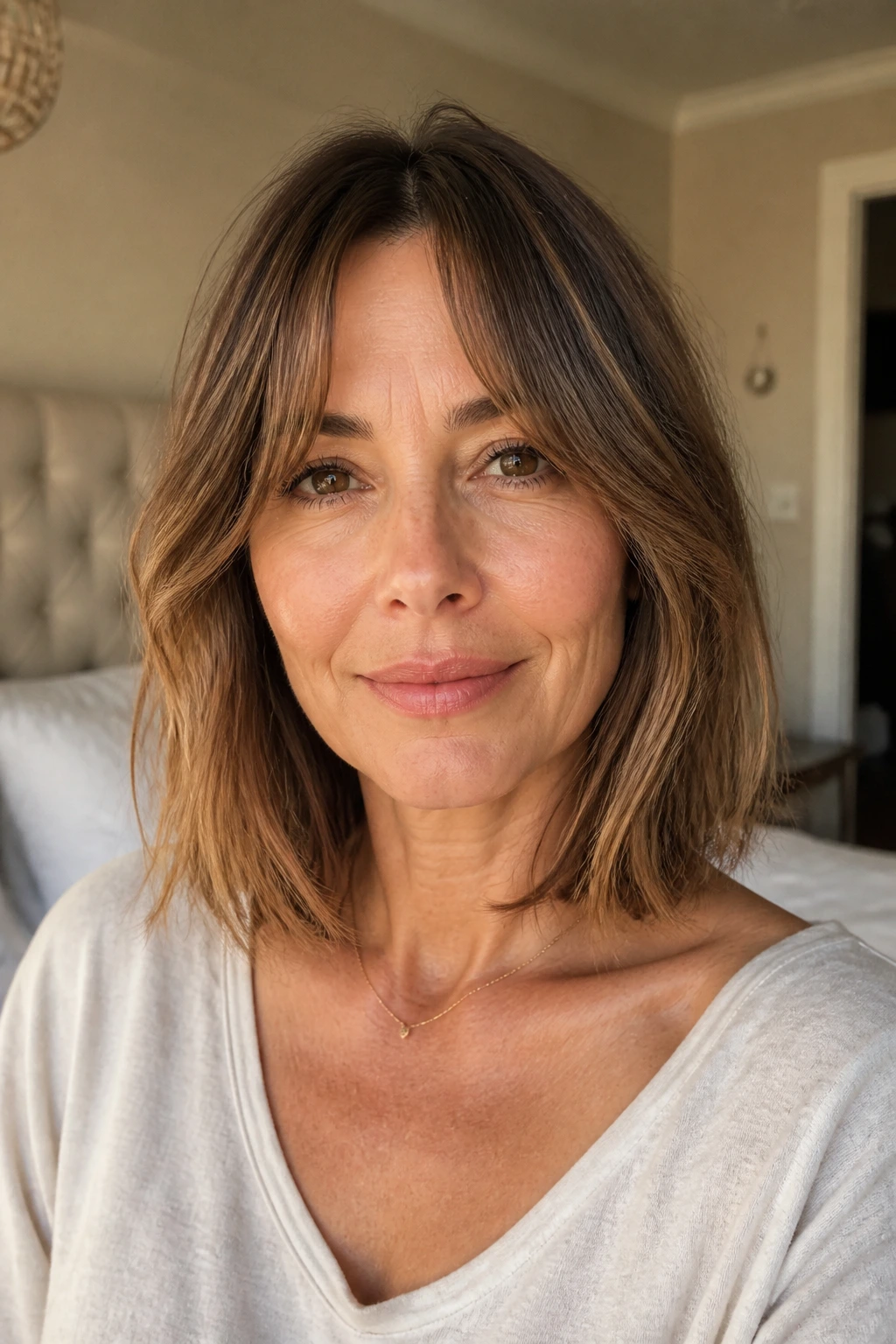 Close-up of woman with collarbone-length bob and curtain bangs in warm window light.