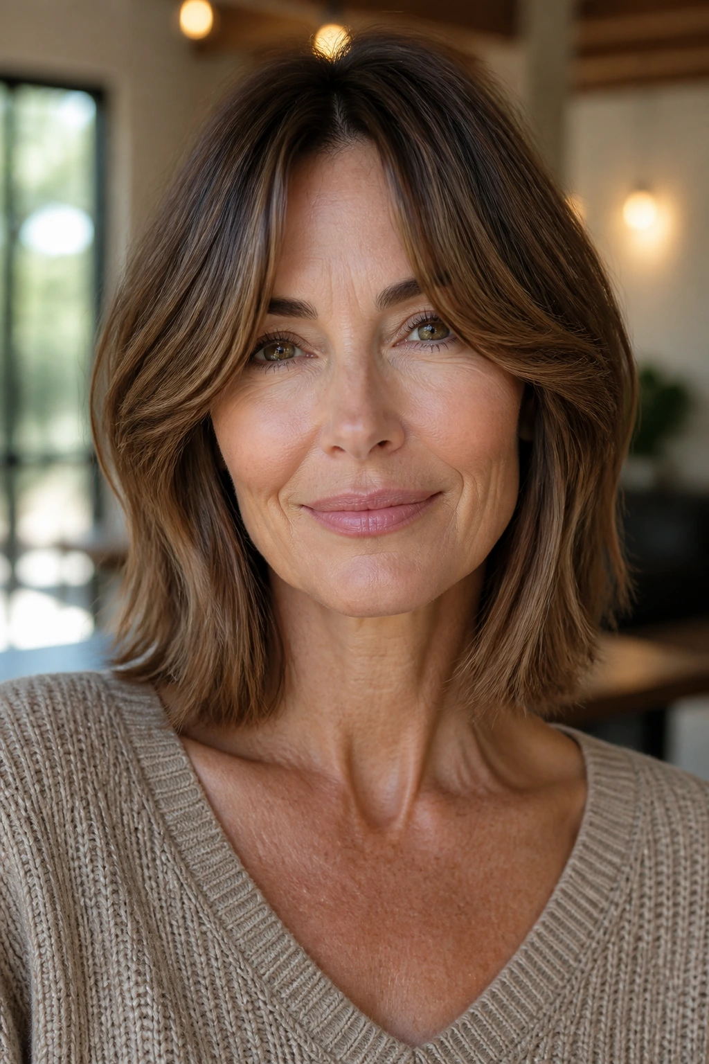 Portrait of a woman with collarbone-length bob and curtain fringe, soft daylight