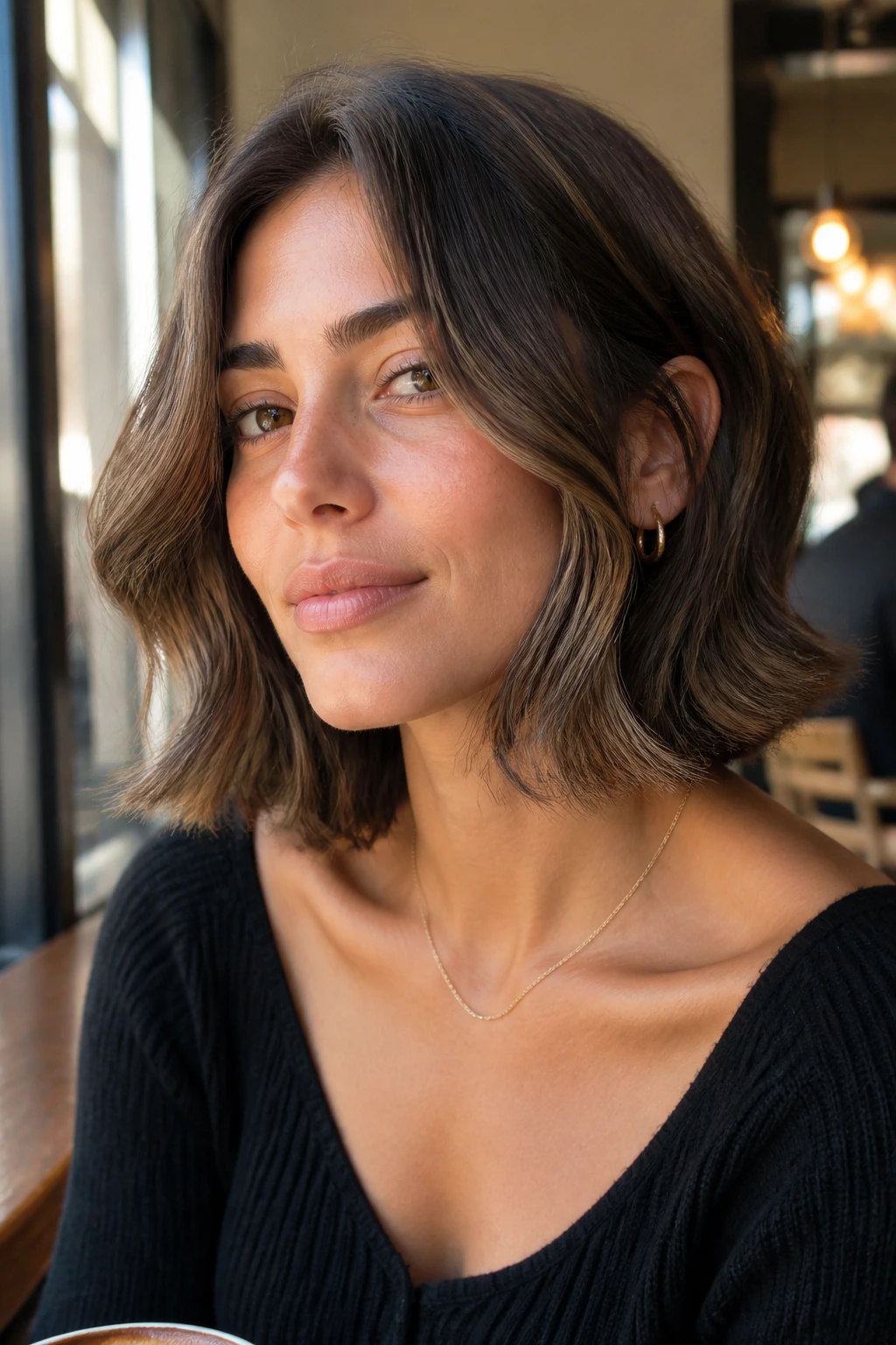 Close-up of collarbone-length Italian bob with face-framing bend on a real person by a cafe window