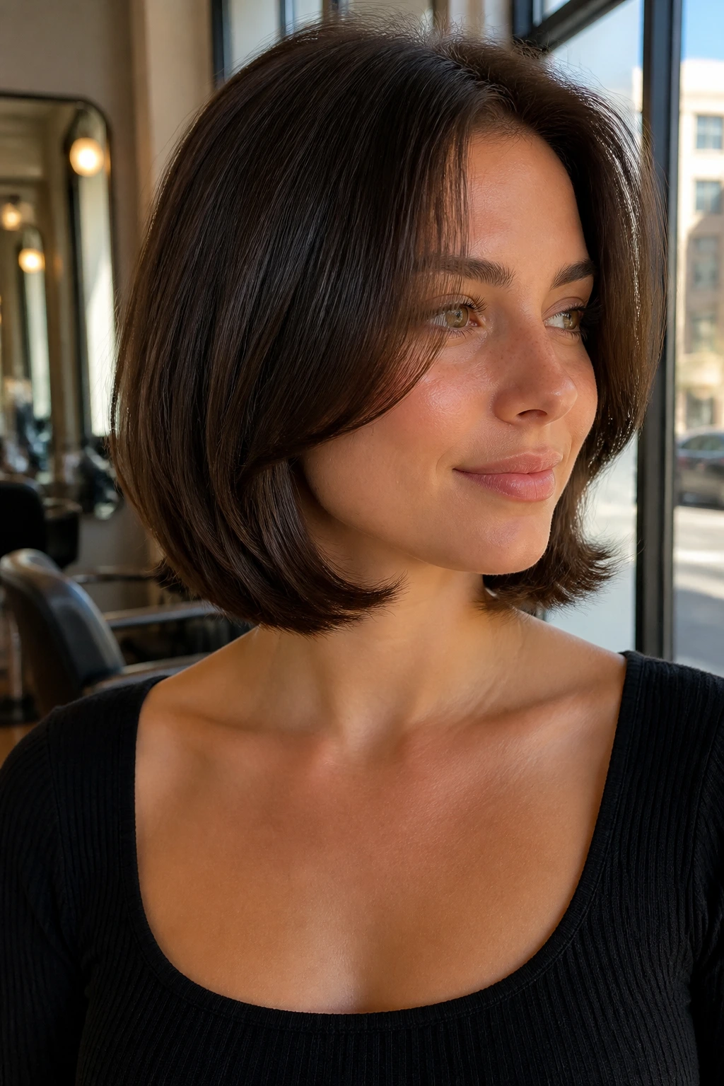 Close-up portrait of a real woman with Flip-End Collarbone Bob showing flipped ends for a soft edge
