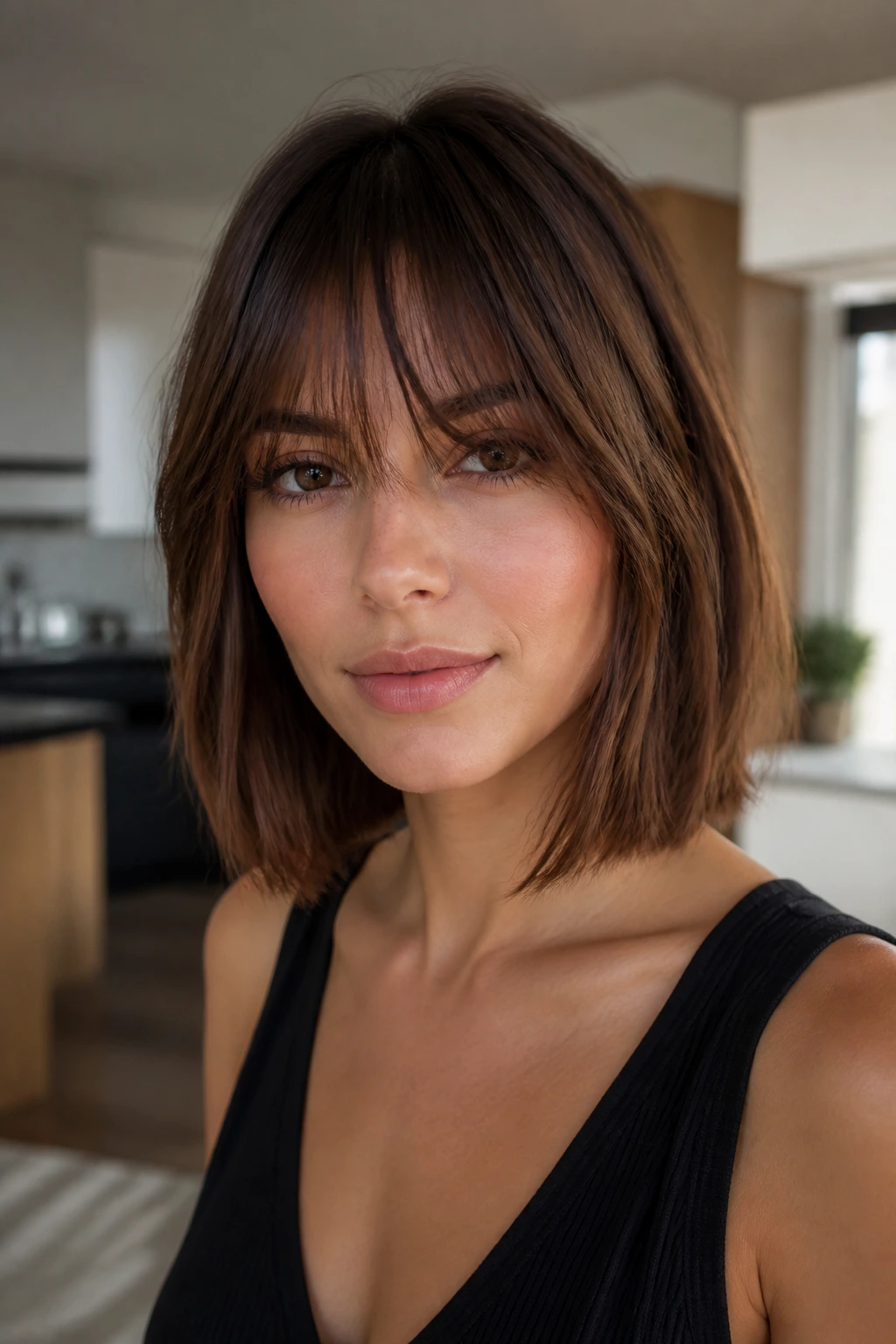 Medium close-up of a woman with a collarbone-length bob and lash-grazing wispy fringe