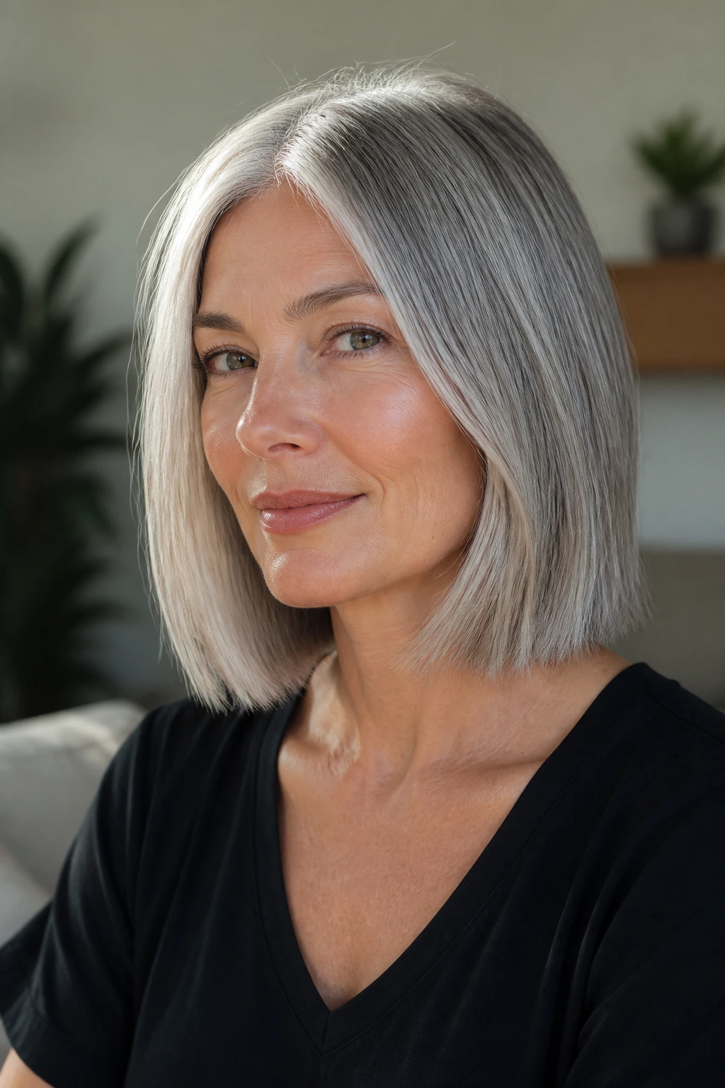 Portrait of a woman with a collarbone-length silver bob