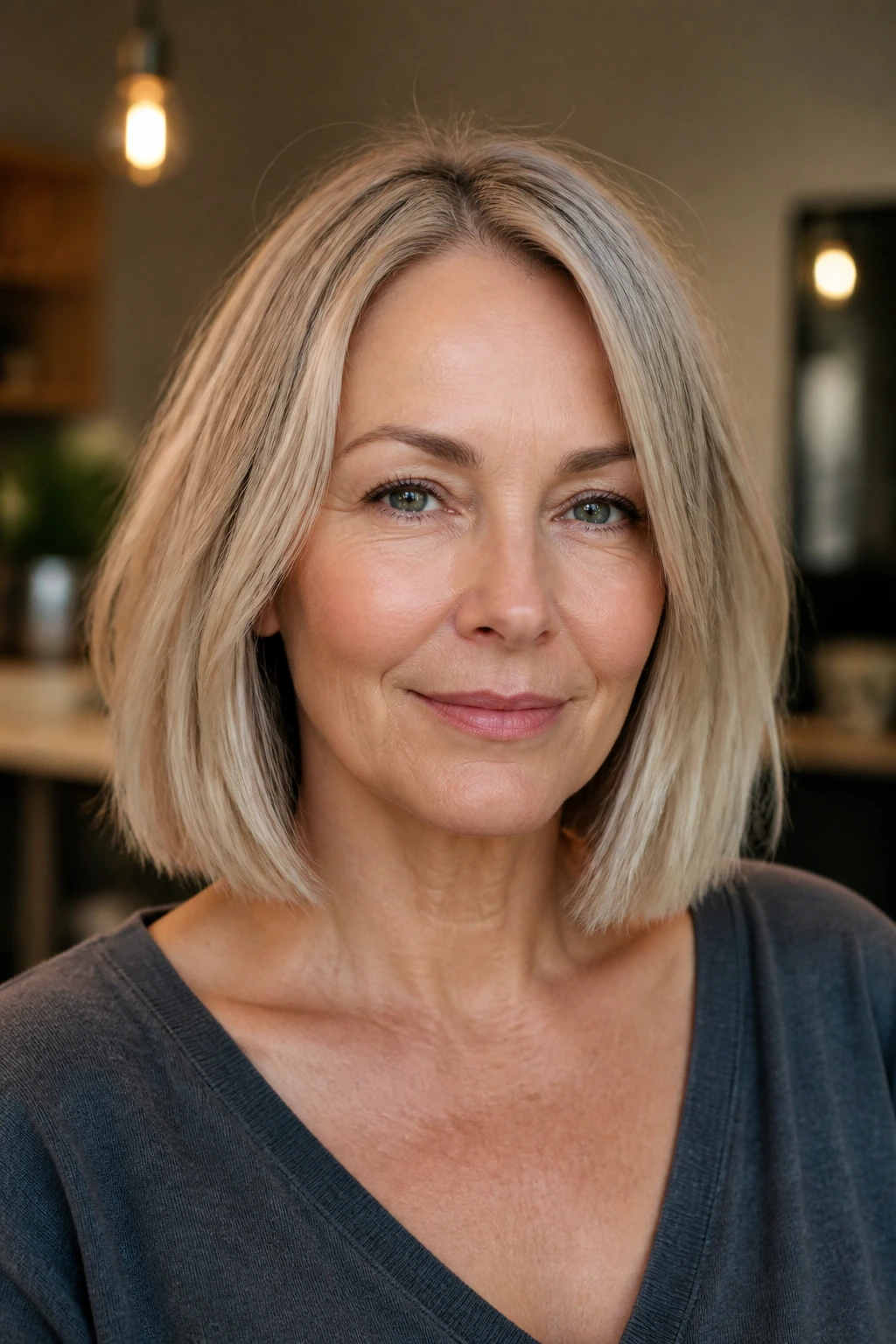 Real woman wearing collarbone-length blunt bob in close-up portrait.