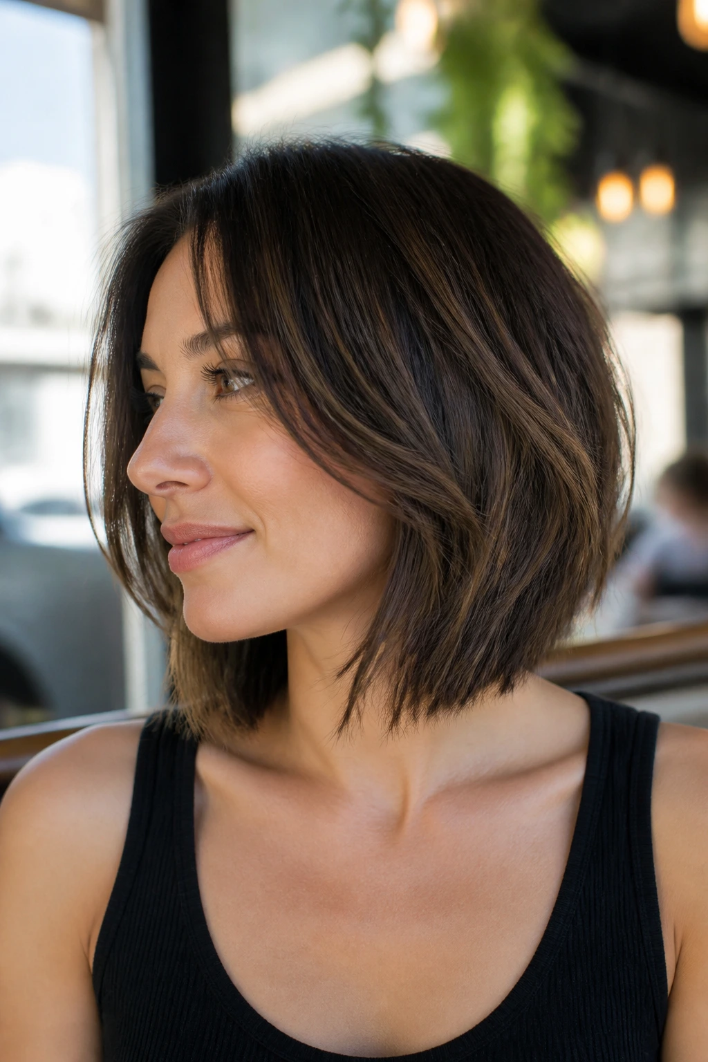 Portrait of a real woman with collarbone-length bob and hidden layers, sunlit cafe.