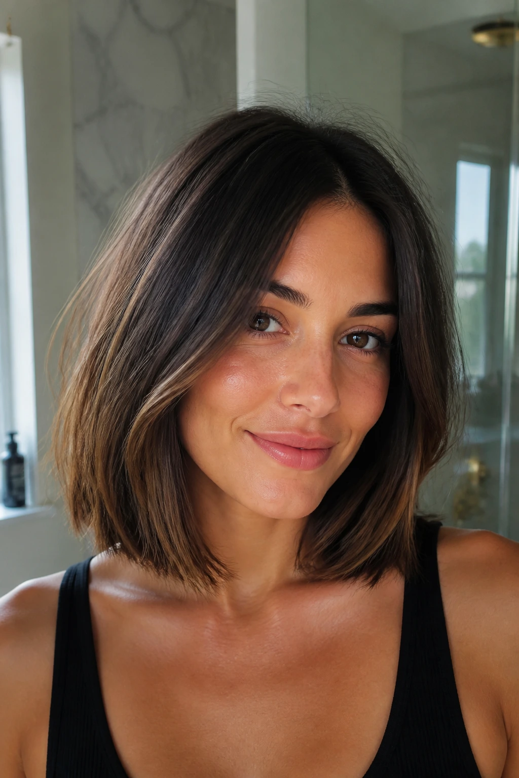 Real person with collarbone bob showing hidden interior layers reducing bulk