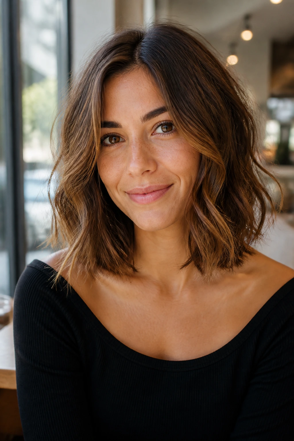 Real woman with collarbone-length wavy bob and invisible layers, close-up portrait.