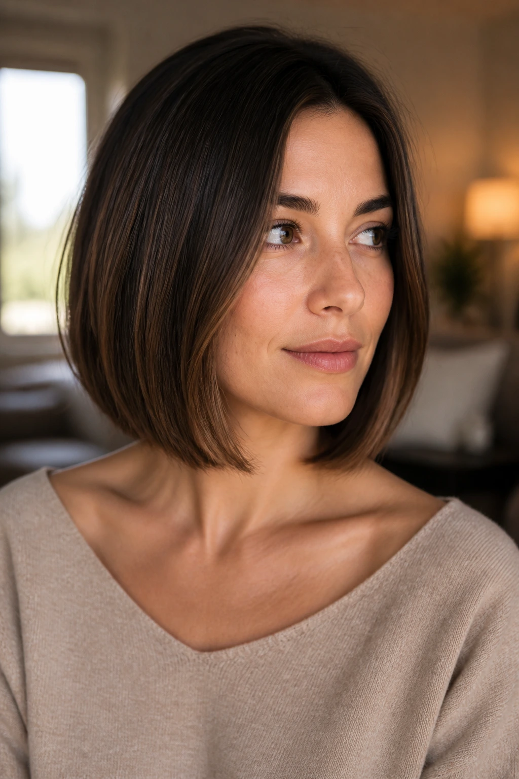Close-up of a real woman with collarbone bob and invisible layers