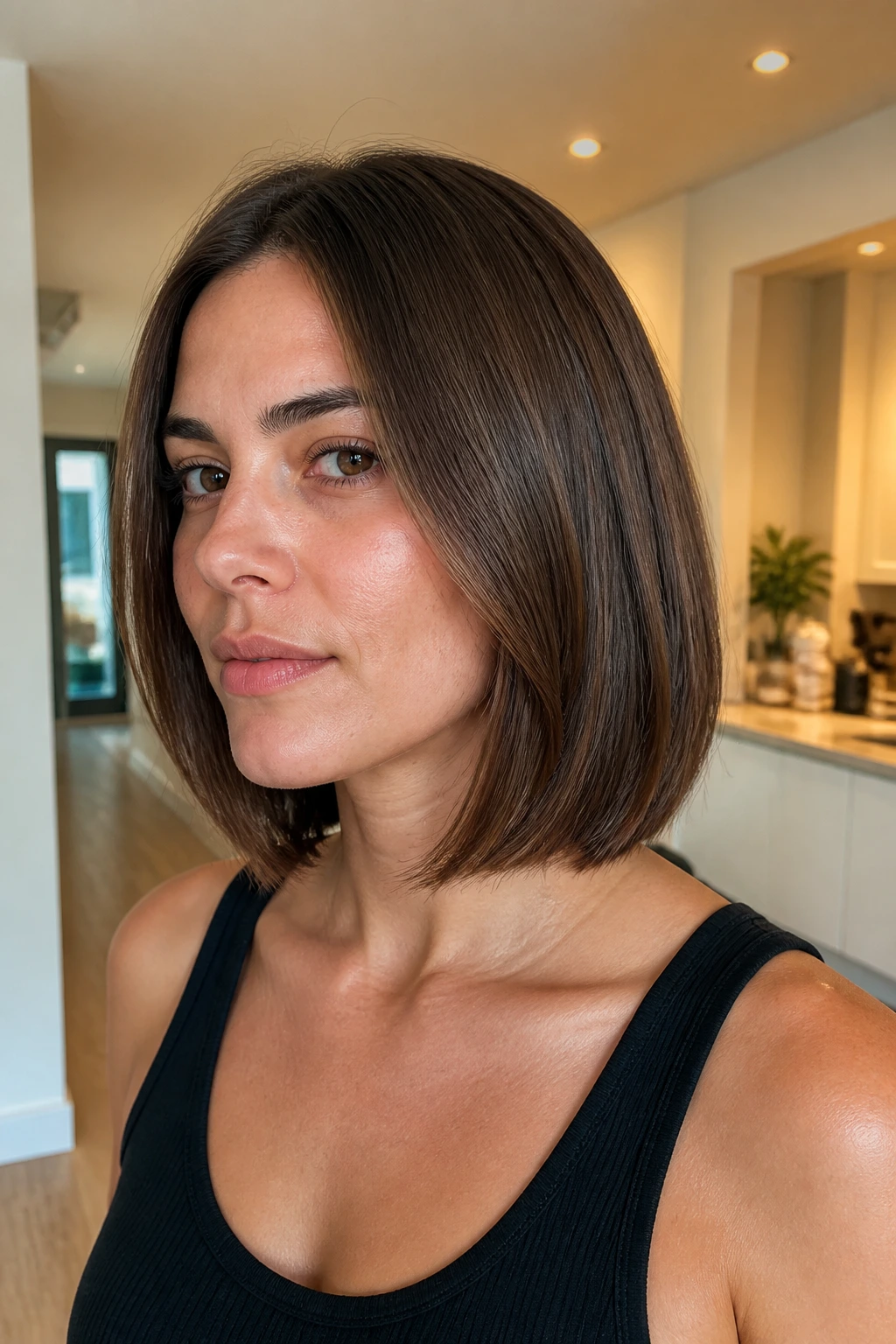 Close-up of a collarbone-length bob with subtle low layers