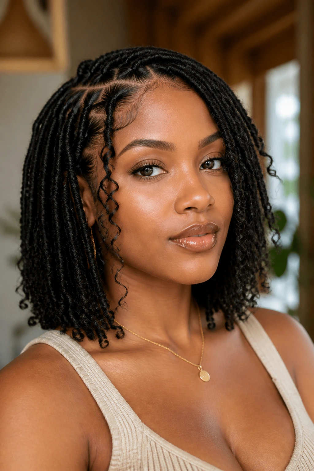 Portrait of a real woman with collarbone-length bob goddess locs