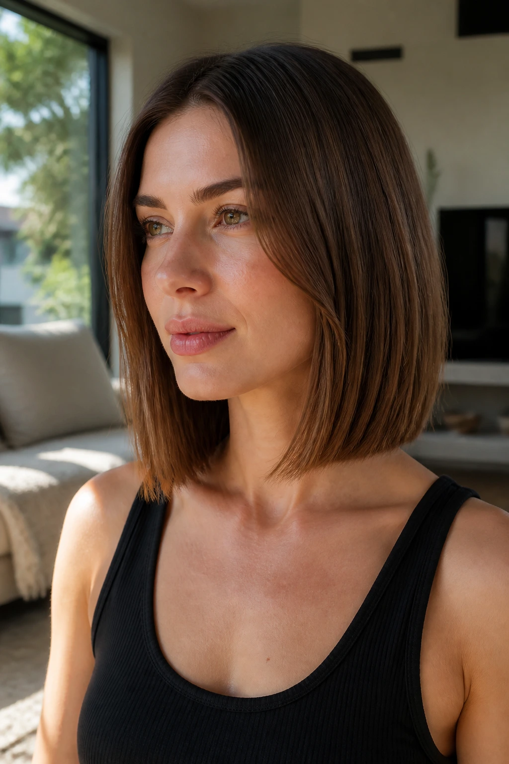 Close-up of a real woman with a collarbone-length bob and minimal layers