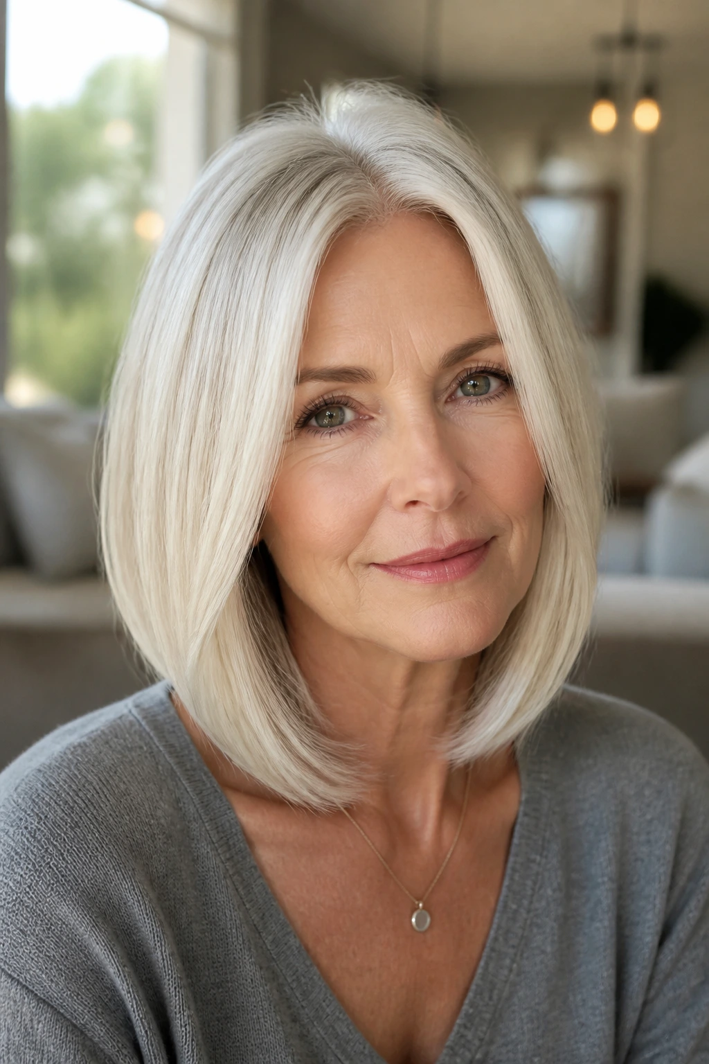 Close-up of a real woman with a platinum collarbone-length bob framing her face