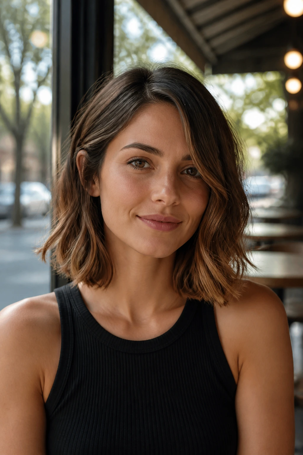 Close-up portrait of a woman with a shoulder-length collarbone bob in cafe light