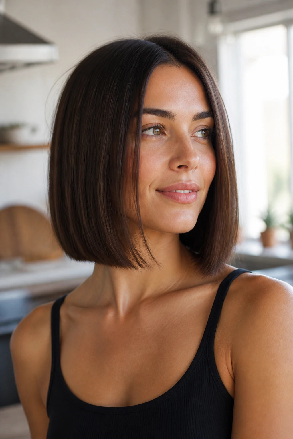 Close-up portrait of a woman with a collarbone-length straight bob