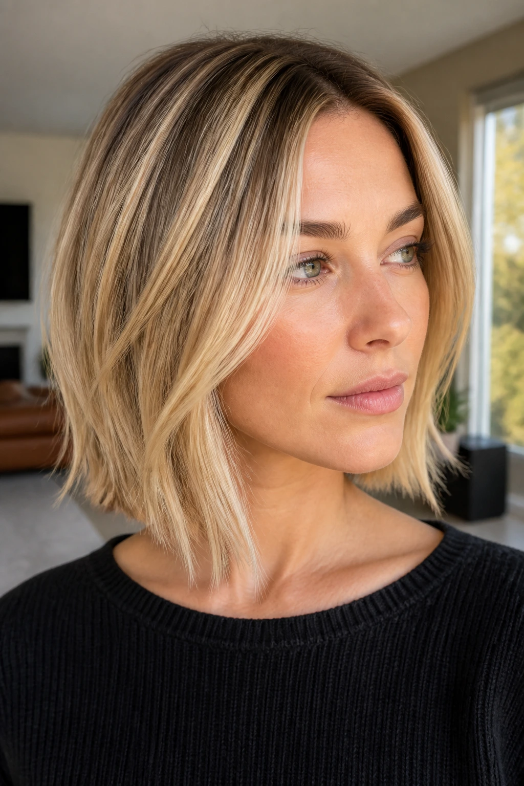 Close-up of Sliced Collarbone Bob with ribbon highlights and sliced ends