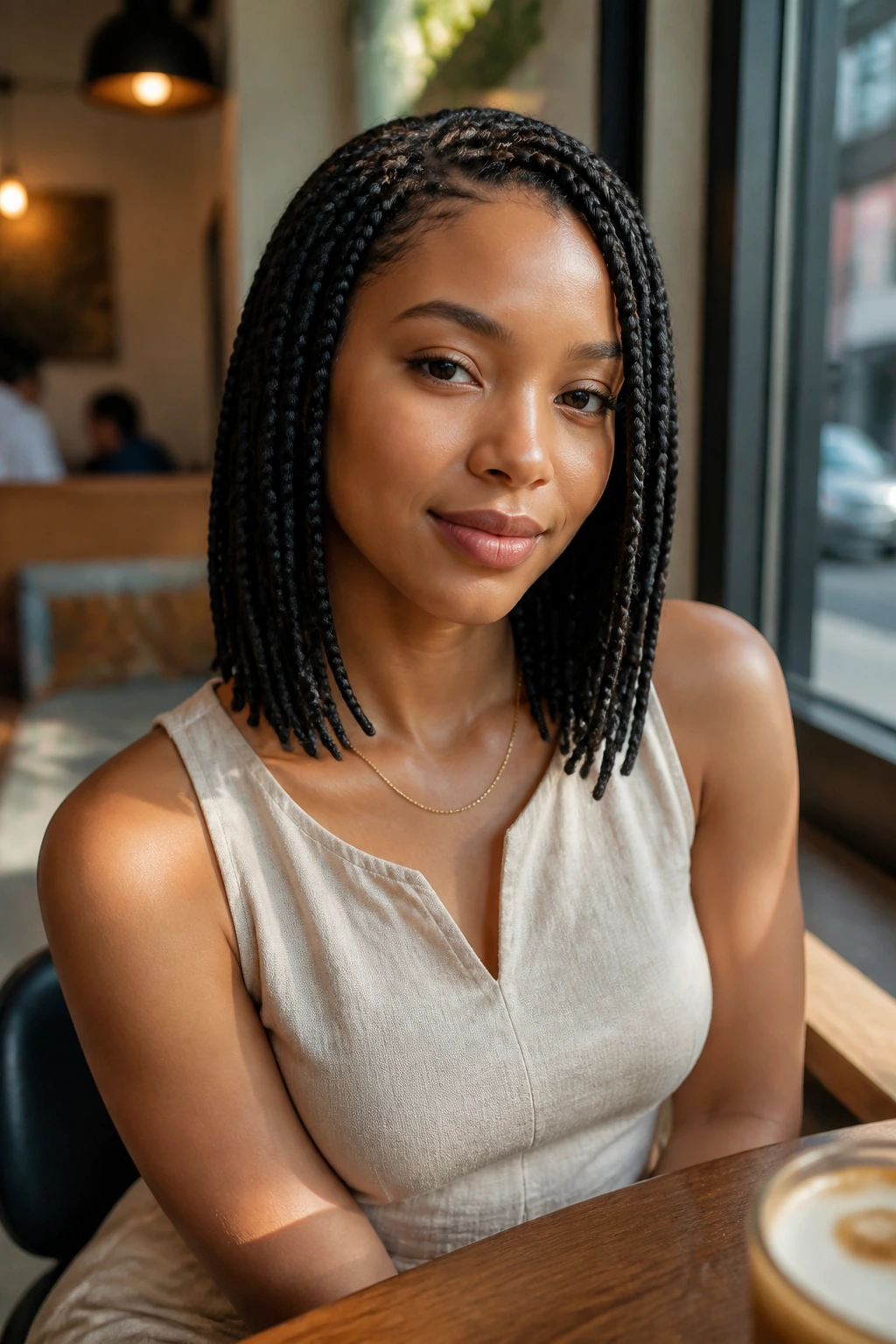 Close-up of collarbone-length box braids on a real person in a sunlit cafe
