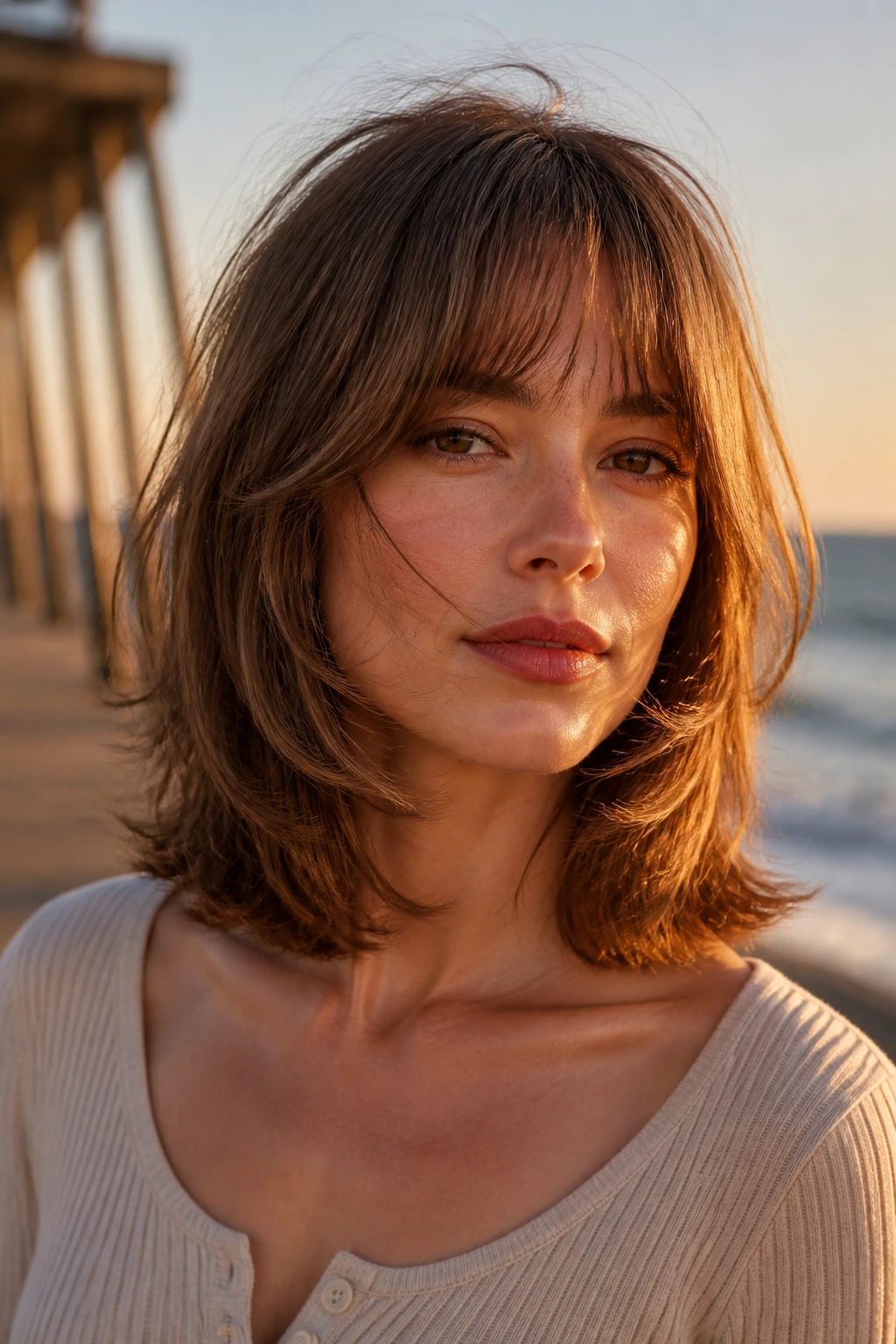 Portrait of a real woman with collarbone-length butterfly cut and airy bangs outdoors at sunset