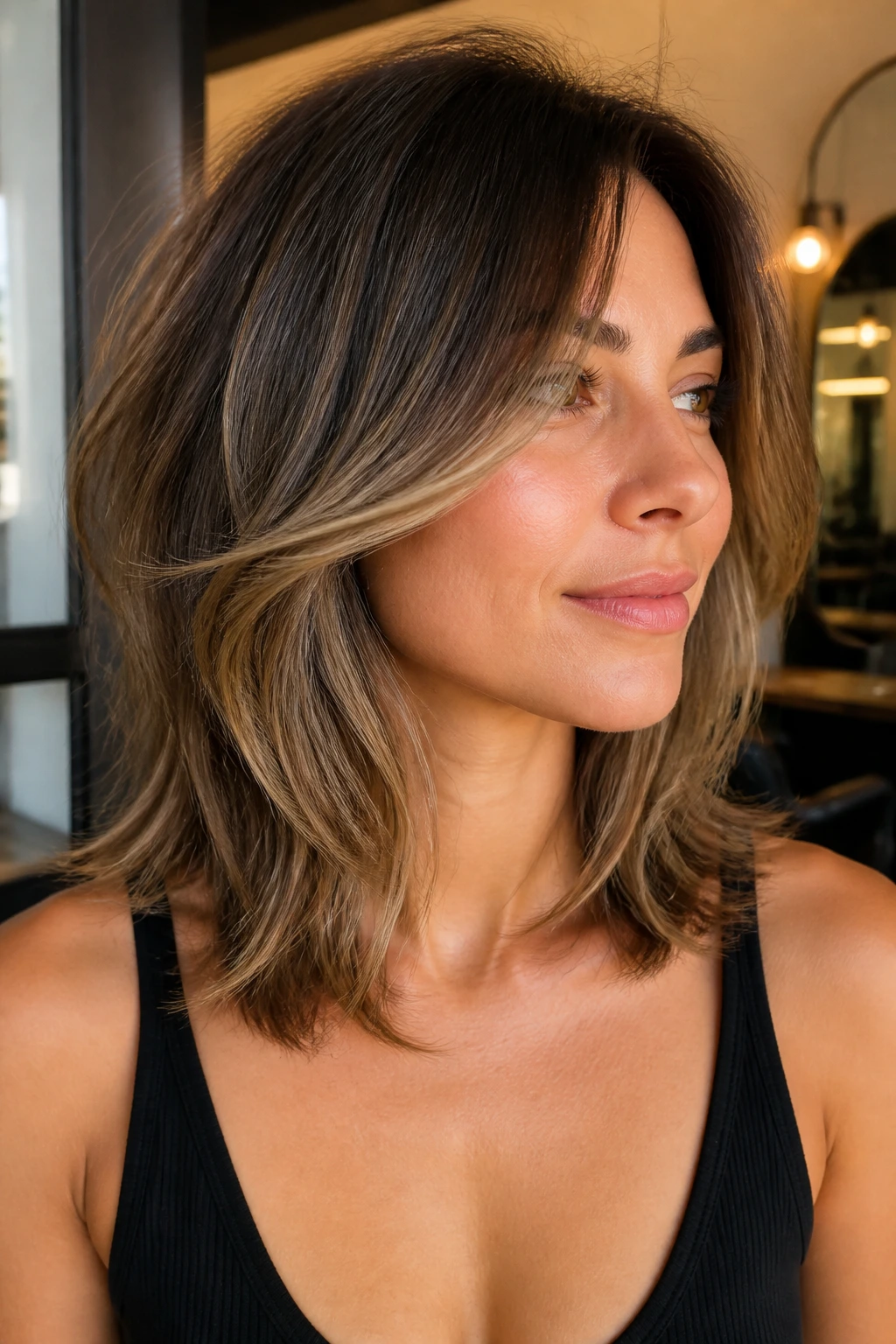 Portrait of a person with collarbone butterfly layers hairstyle