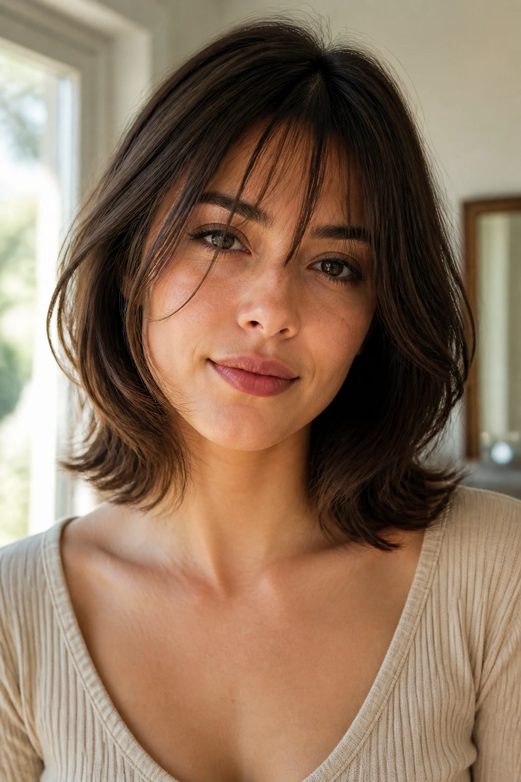 Portrait of a woman with collarbone-length butterfly haircut and wispy bangs.