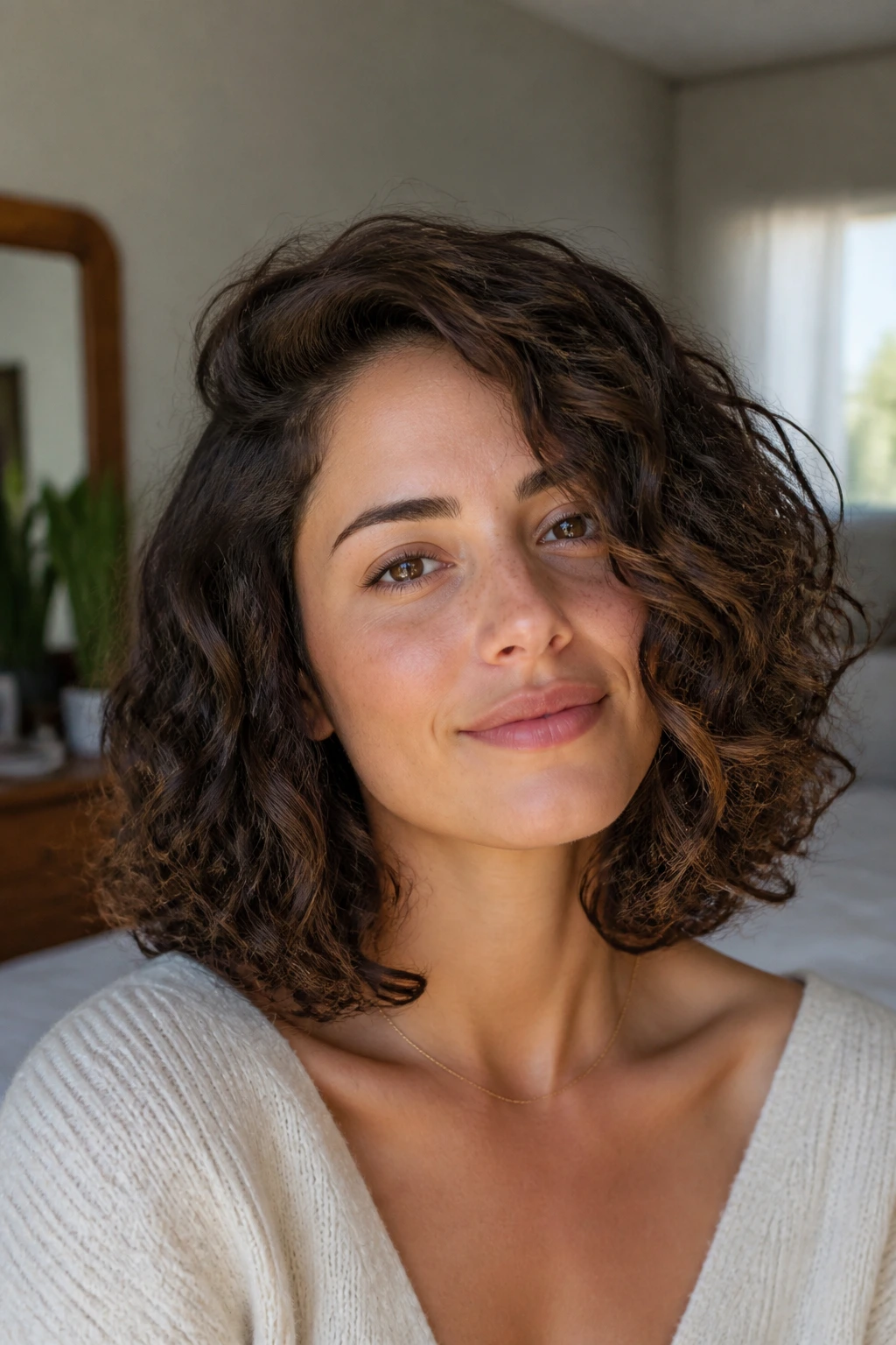 Close-up of a real woman with soft collarbone cascade curly bob.