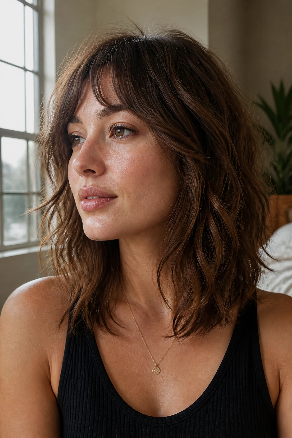 Close-up portrait of a real woman with Collarbone Cascade Shag hairstyle