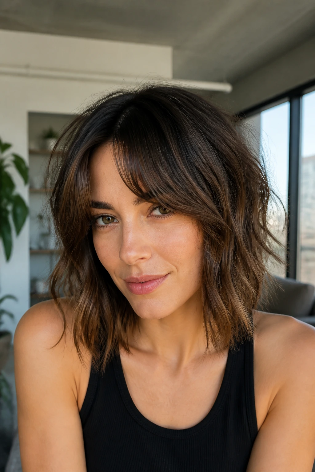 Close-up of a real person with collarbone-to-chin shag and curtain bangs in natural daylight.