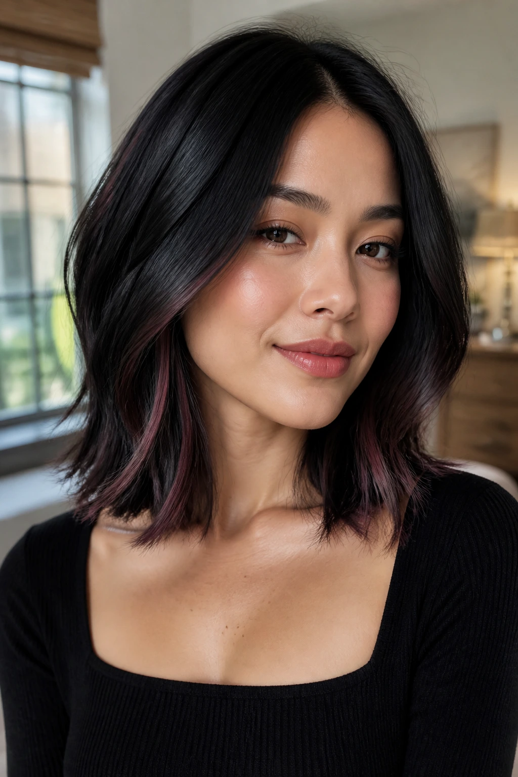 Portrait of shoulder-length black hair showing color near the collarbone