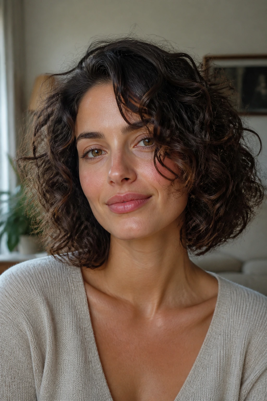 Portrait of a woman with a collarbone-length curly bob