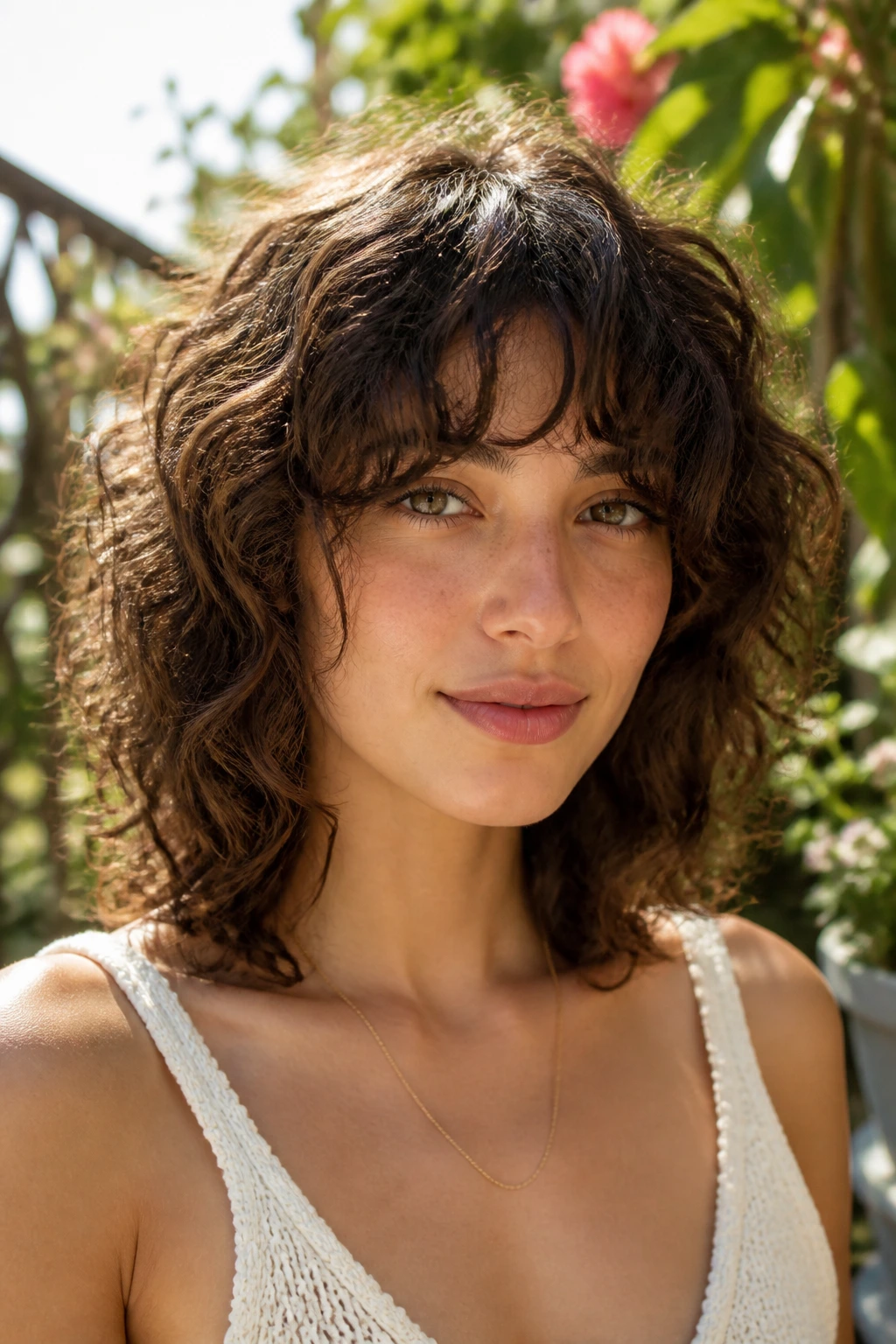Close-up portrait of collarbone curl shag with cheekbone fringe on a real woman