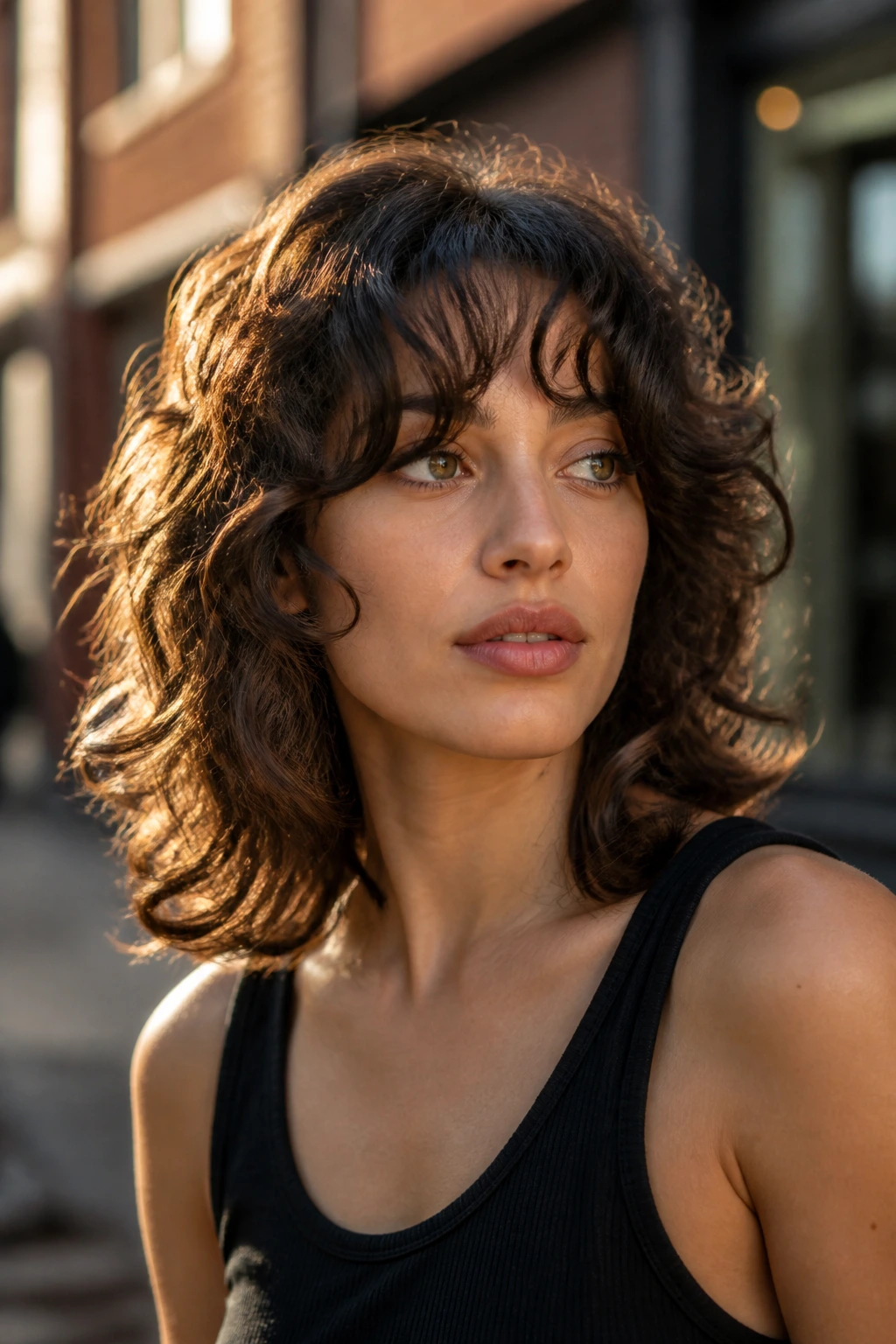 Medium close-up of a real person with collarbone-length curls and bottleneck bangs in golden hour outdoor setting