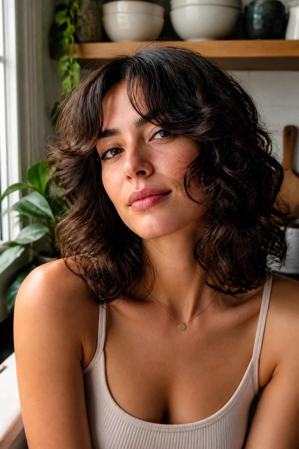 Real woman with collarbone curls and curtain bangs