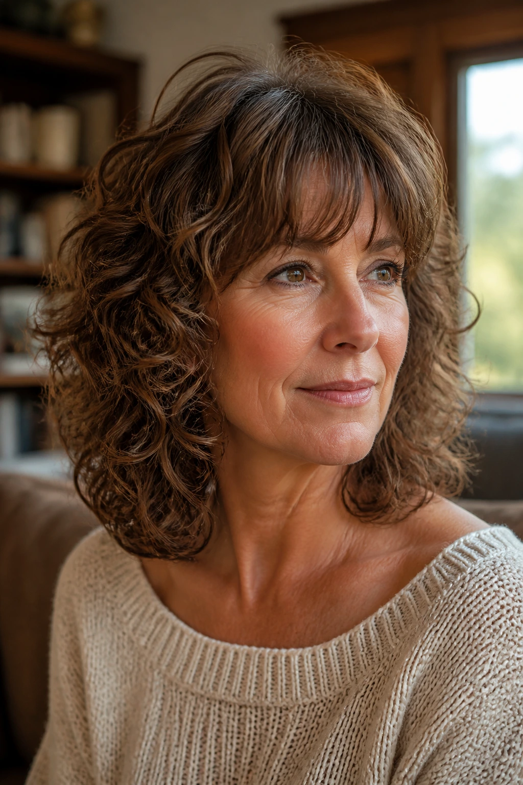 Close-up portrait of a real woman with collarbone-length curls and bottleneck fringe in a warm living room.