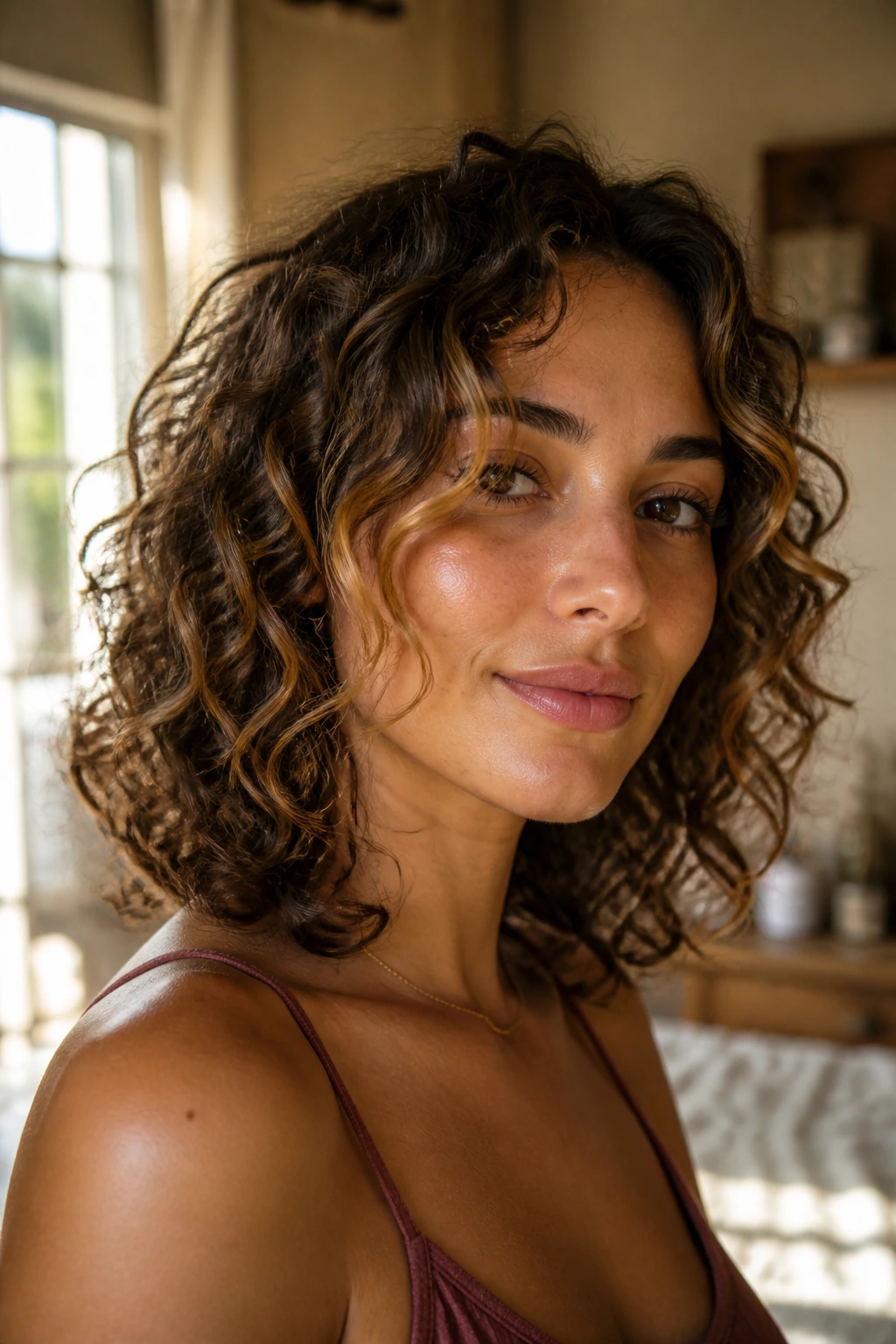 Close-up of a real woman with collarbone-length curls and face-framing ribbons in warm light