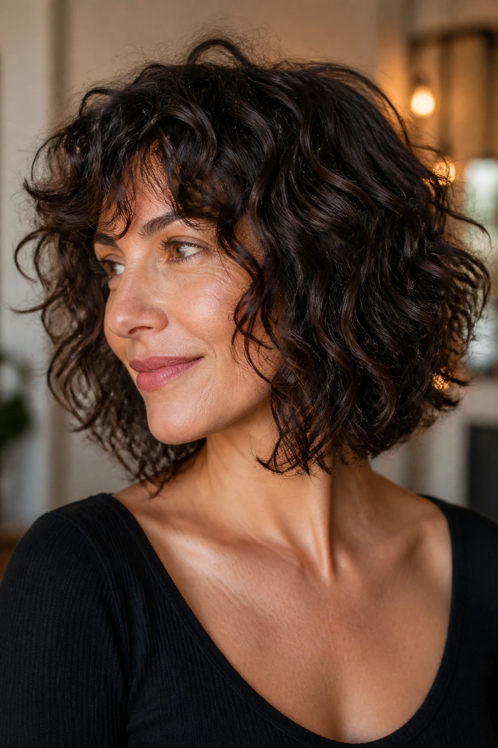 Real person with collarbone-length curly bob and choppy ends
