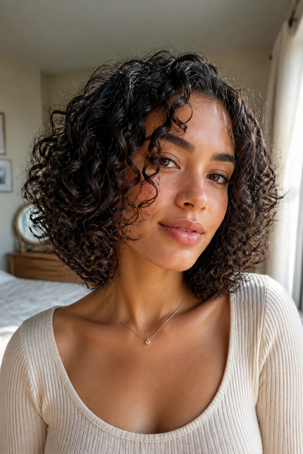 Close-up of a real person with a collarbone-length curly bob showing natural shrinkage and definition
