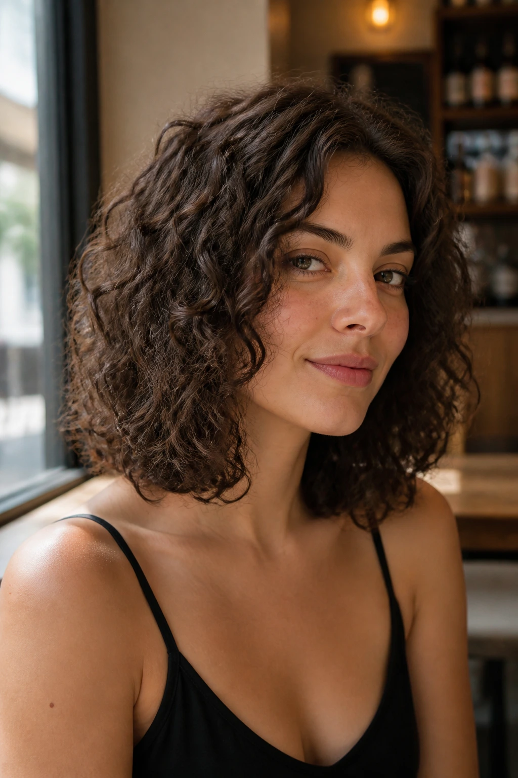 Close-up portrait of a real woman with a collarbone-length curly bob in cafe window light