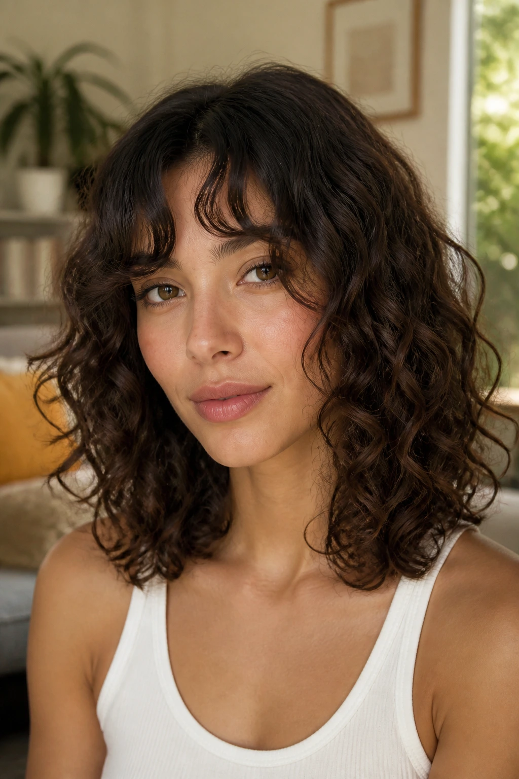 Portrait of a person with a collarbone-length curly lob and soft curtain bangs