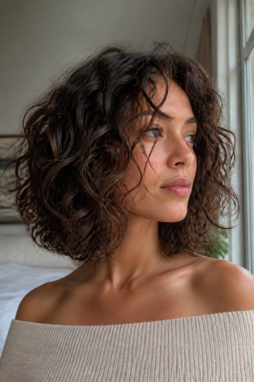 Medium close-up of collarbone-length curly lob on a real person