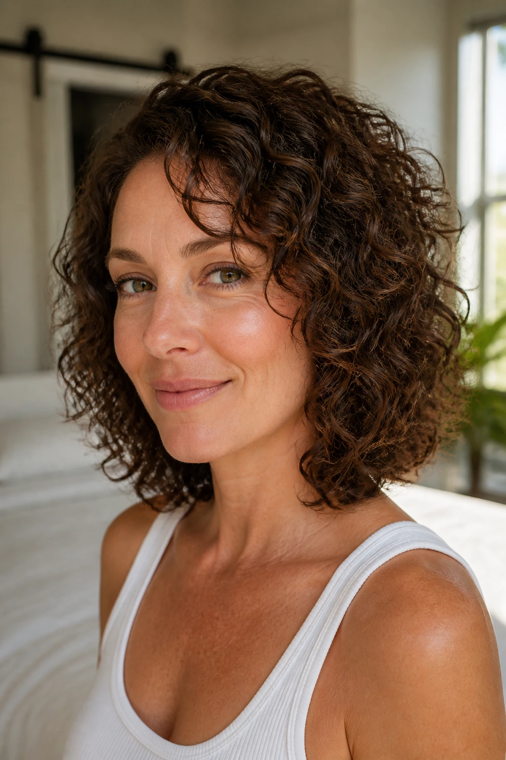 Close-up of a real woman with a collarbone-length curly lob and invisible layers.