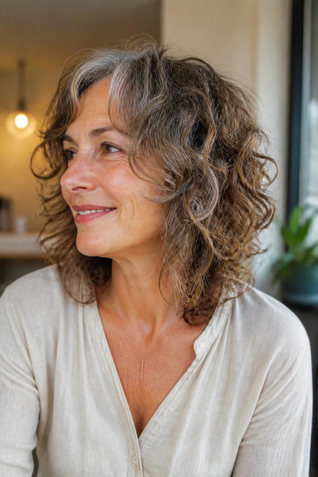 Portrait of a woman with collarbone-length curly shag and face-framing pieces