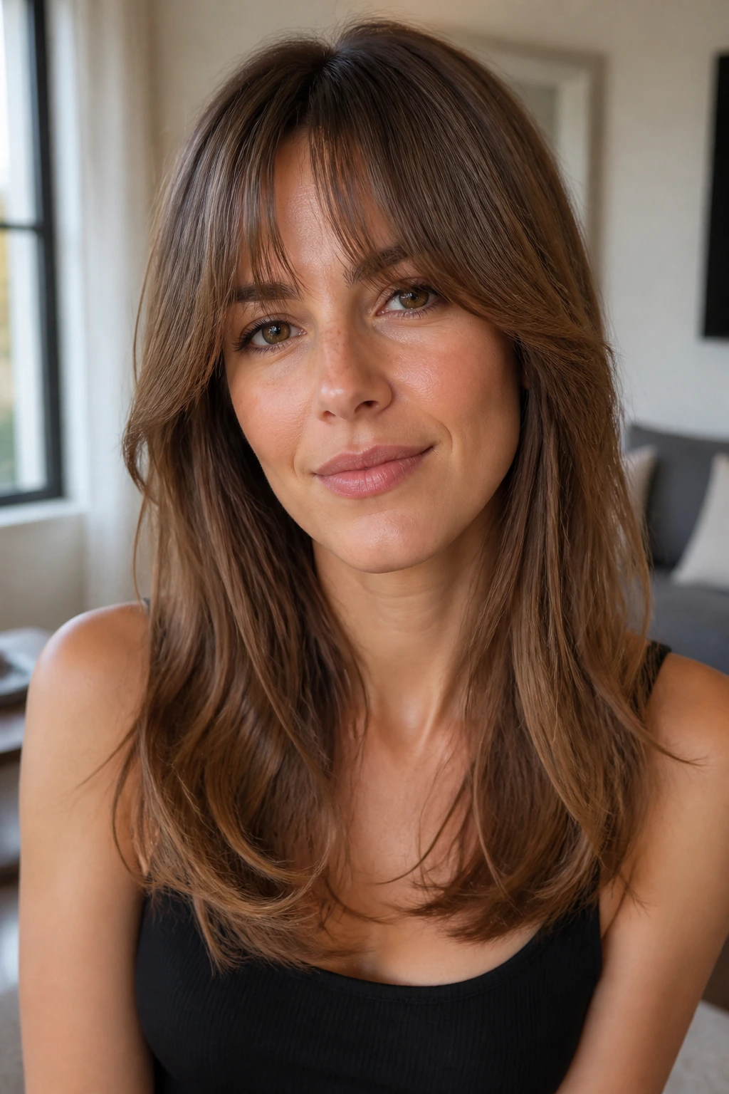 Real person with collarbone-length curtain bangs framing a long face.