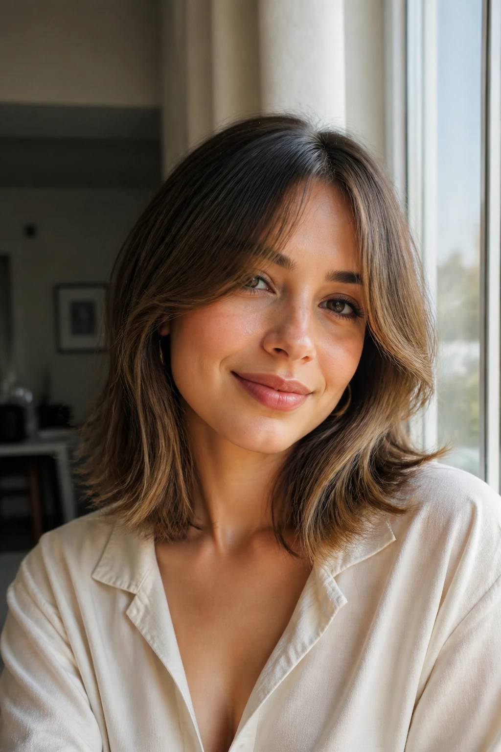 Close-up portrait of a person with collarbone-length hair and curtain bangs