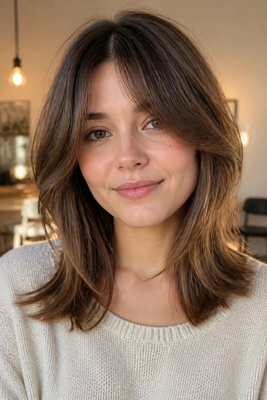 Shoulder-up portrait of a woman with long collarbone-length curtain bangs